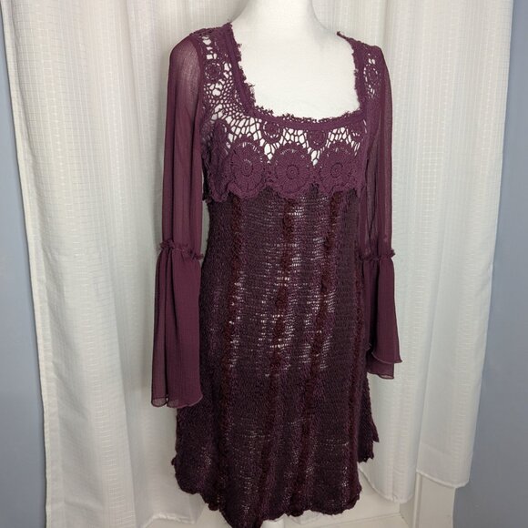 Free People Burgundy Knit and Crochet Dress, Size M, Bell Sleeves - Picture 1 of 8